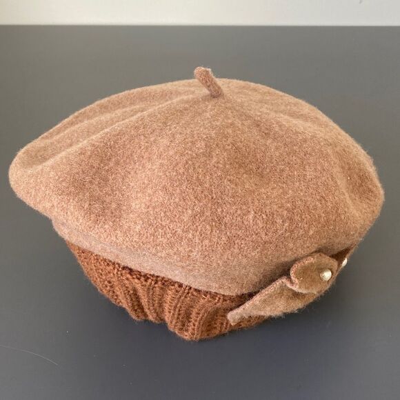 Vintage Tan Wool Beret Bow w/ Pearls Design OS Preppy Retro Girly